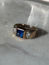 Load image into Gallery viewer, Vintage Blue Sapphire Sugarloaf &amp; Diamond Cabochon 14k Gold Ring Size 7.5
