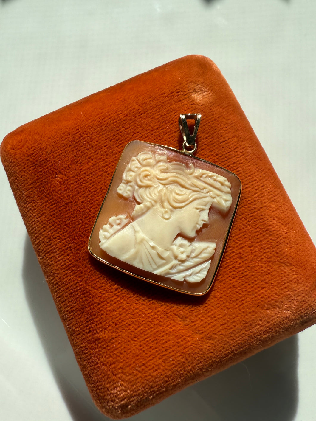 Italian Carved Cameo 14k Gold Square Pendant
