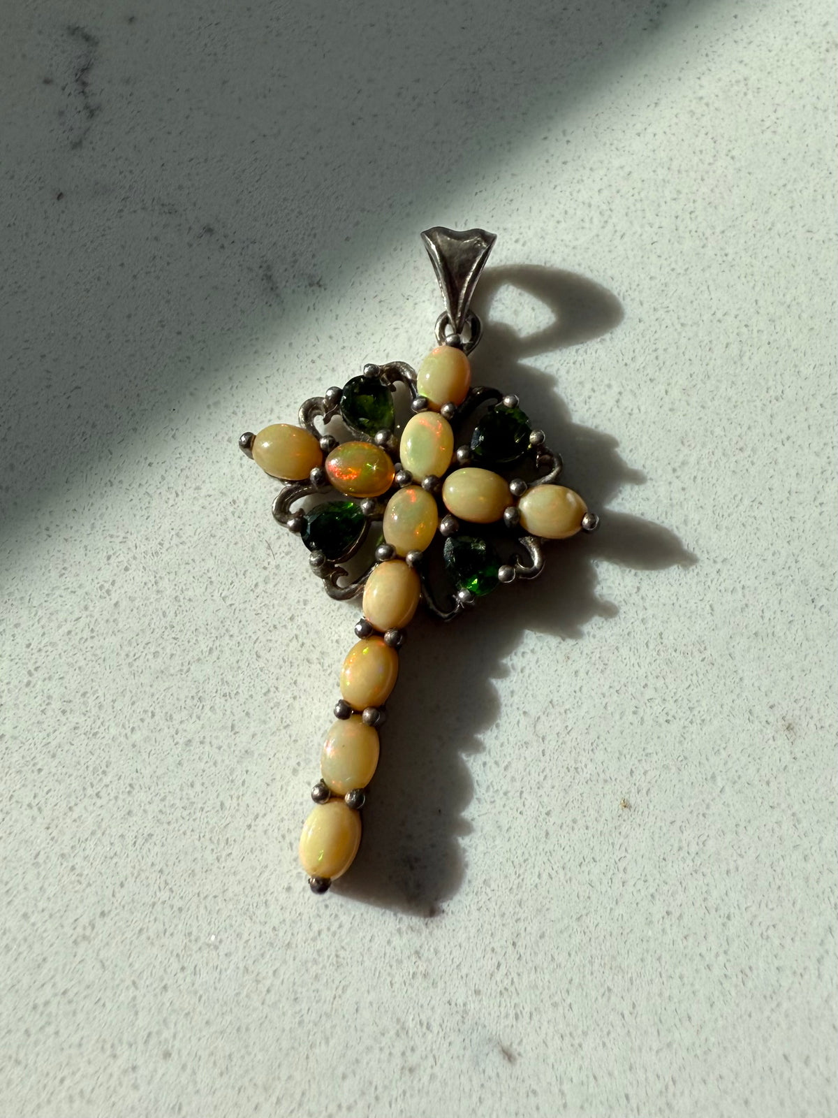 Opal & Peridot Sterling Silver Cross Pendant