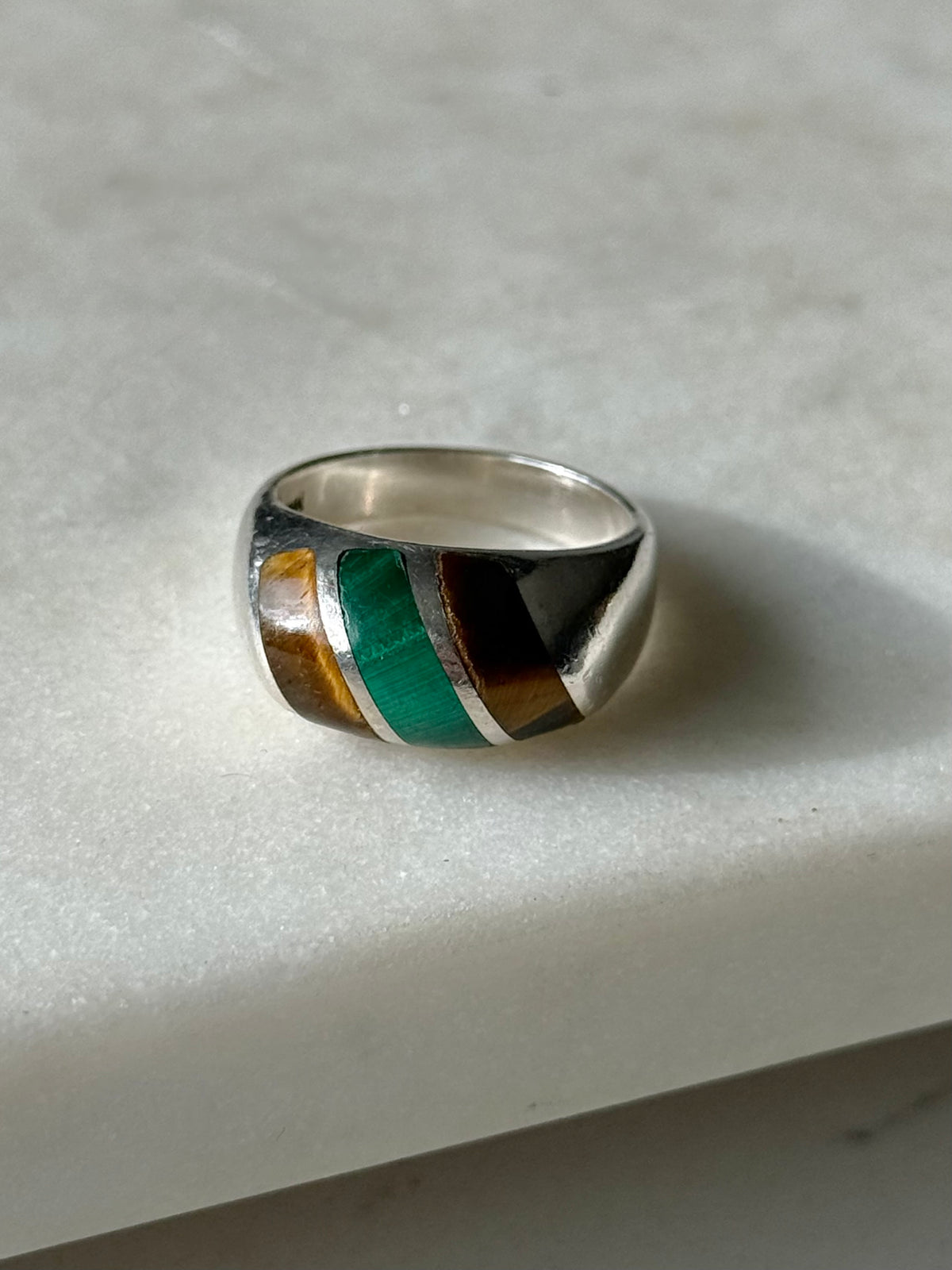 Vintage Tigers Eye & Malachite Sterling Silver Ring Size 8.25