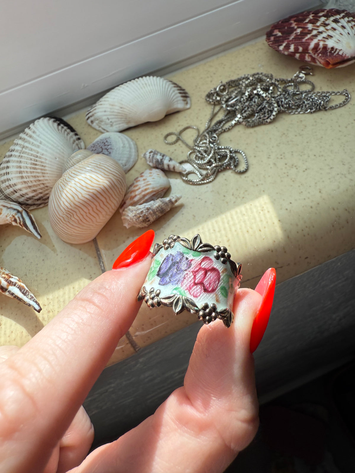 Floral Enamel Sterling Silver Ring Size 9.25