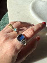 Load image into Gallery viewer, Midcentury Blue Glass Sterling Signet Ring Size 8.5
