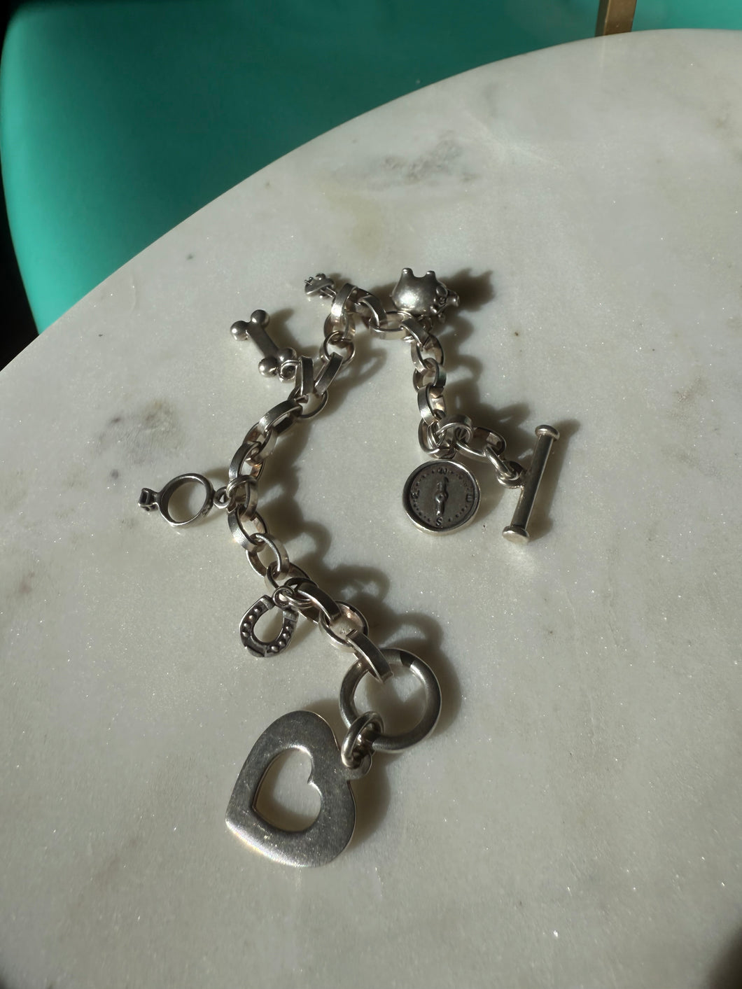 Chunky Solid Sterling Silver Charm Bracelet 7.5”