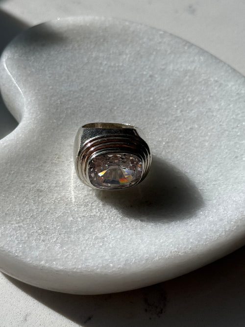 Chunky Quartz Sterling Silver Ribbed Ring Size 6.75