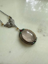 Load image into Gallery viewer, White 10k Gold Enamel Rose Quartz Seed Pearl Necklace 16”
