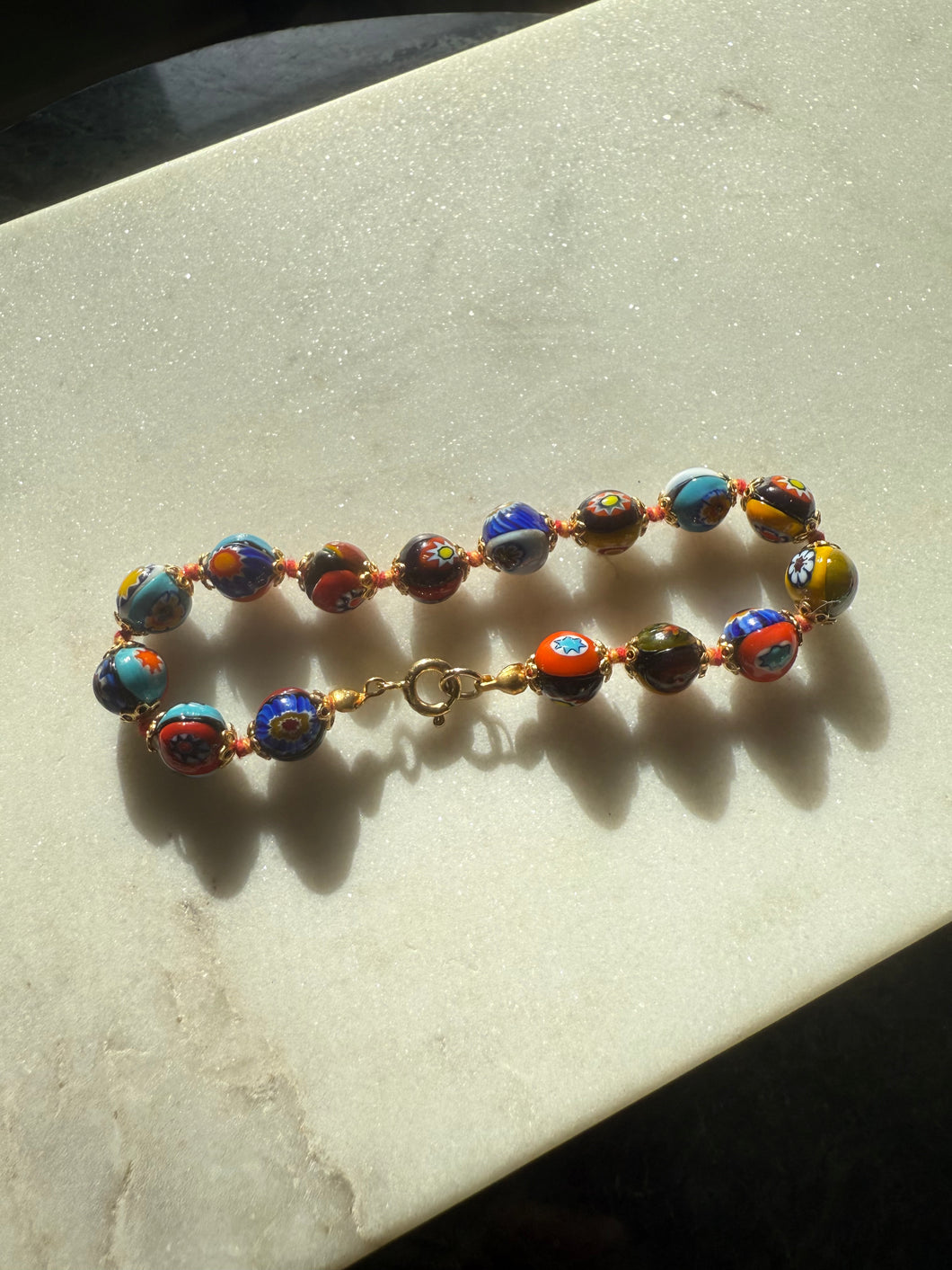 Vintage Murano Millefiori Bead Gold Plated Bracelet 7.75”