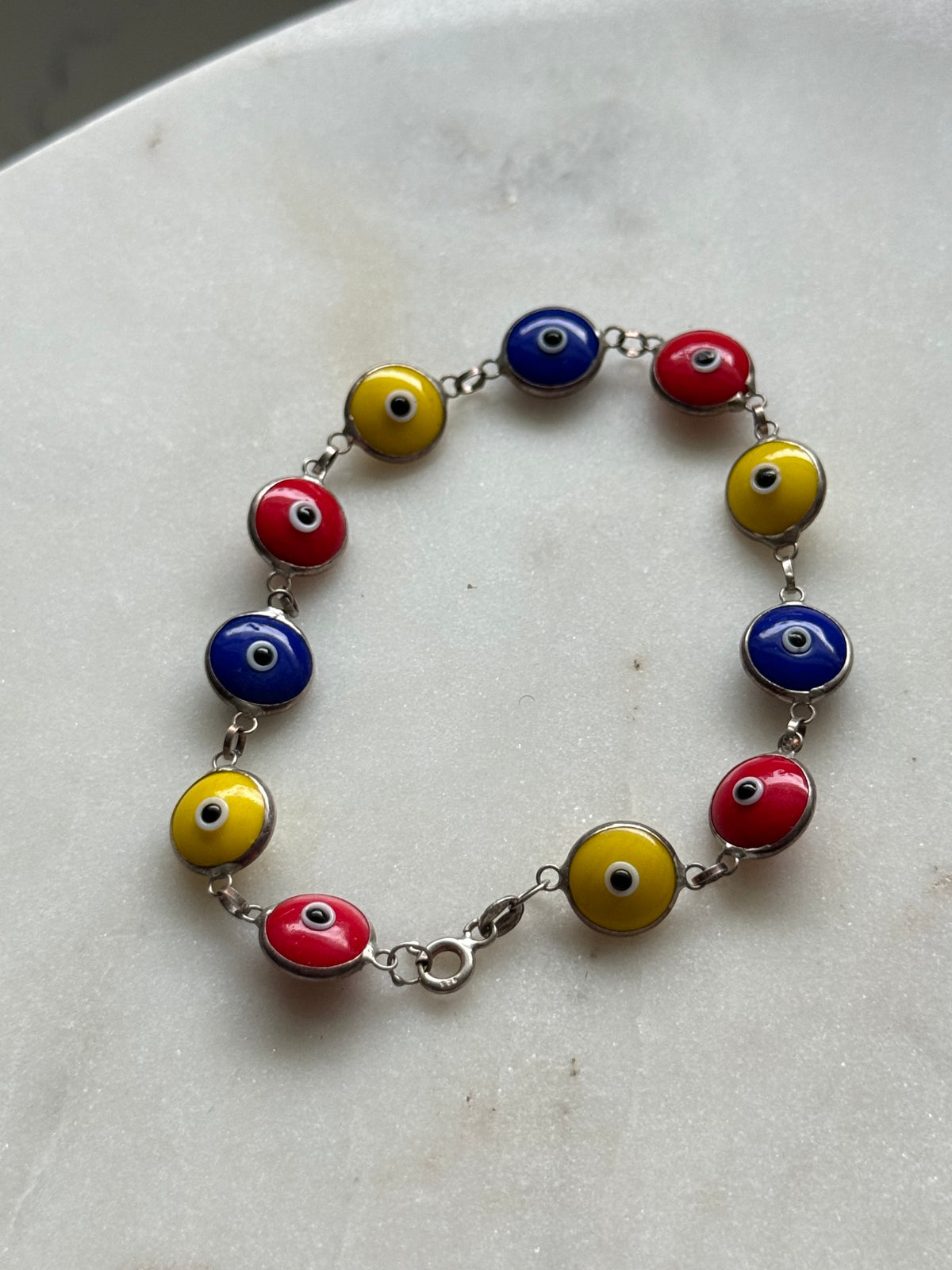 Blue Red Yellow Evil Eye Sterling Silver Bracelet 7.5”