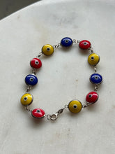 Load image into Gallery viewer, Blue Red Yellow Evil Eye Sterling Silver Bracelet 7.5”
