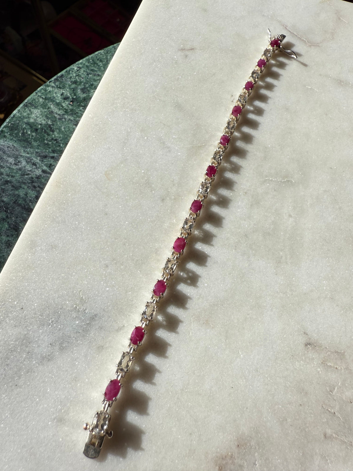 Ruby & Quartz Sterling Silver Tennis Bracelet 7.5”