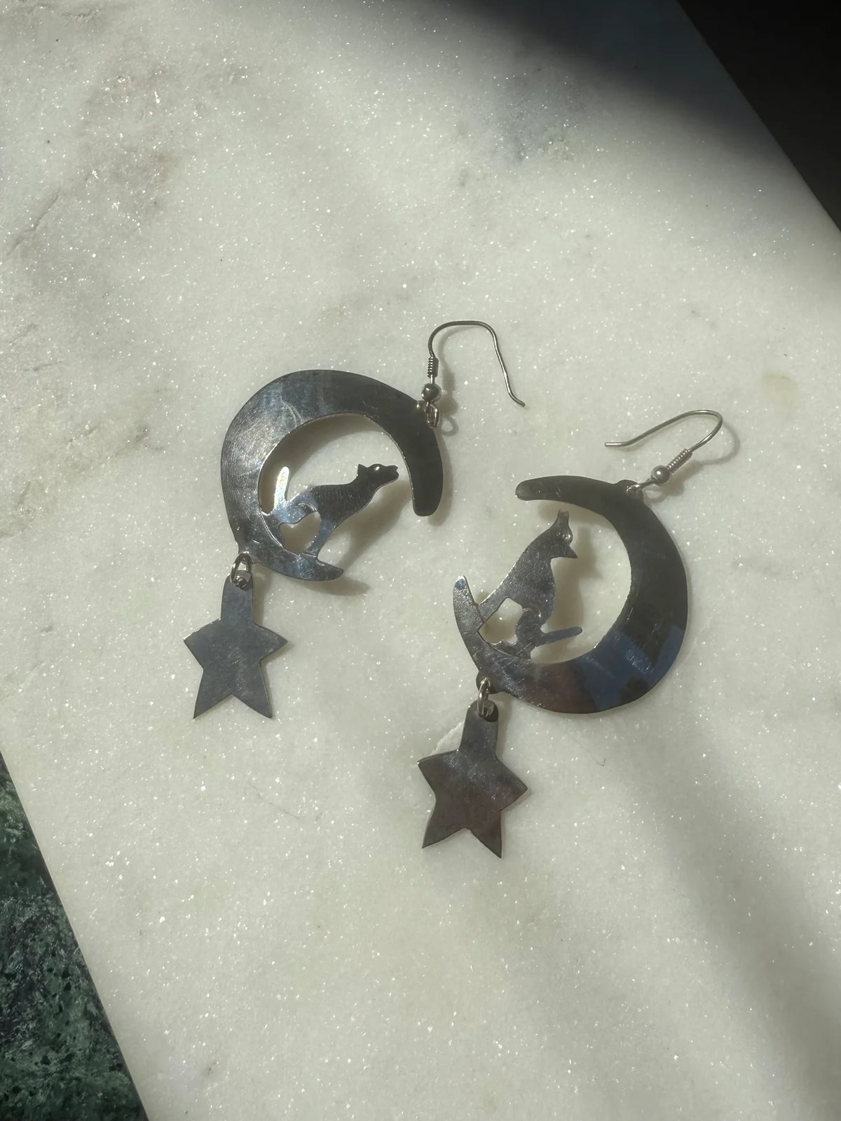 Sterling Silver Wolf on the Moon Earrings