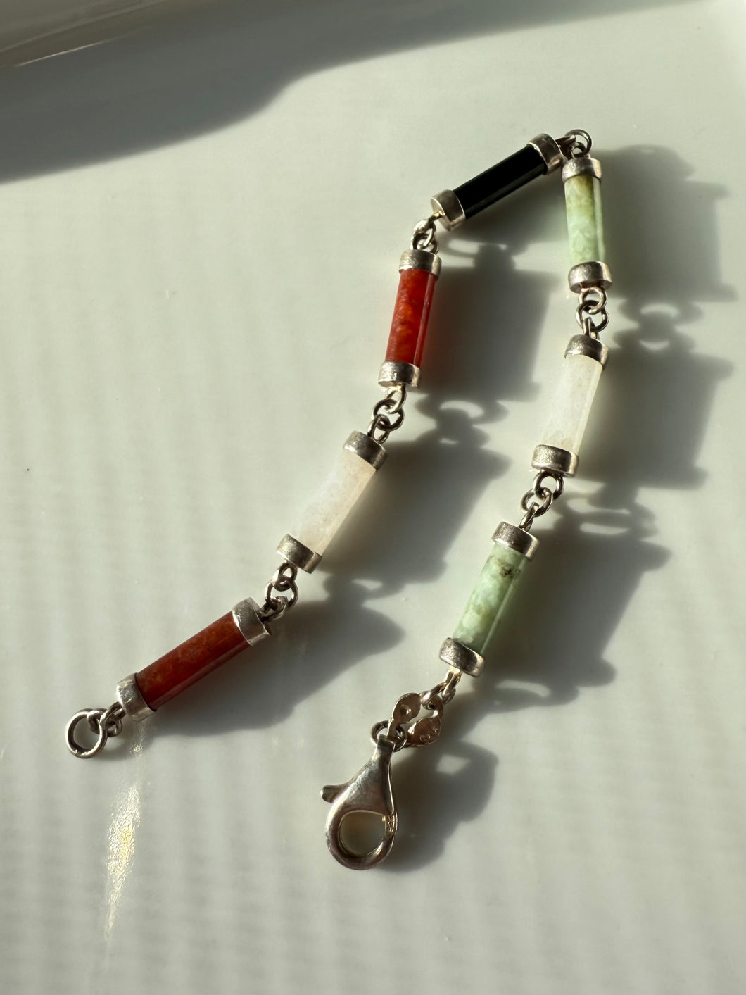 Jade Quartz Black Onyx Sterling Silver Bracelet 7”