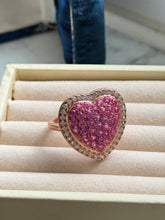 Load image into Gallery viewer, Synthetic Pink Sapphire &amp; CZ Heart Rose Gold Vermeil Ring Size 8
