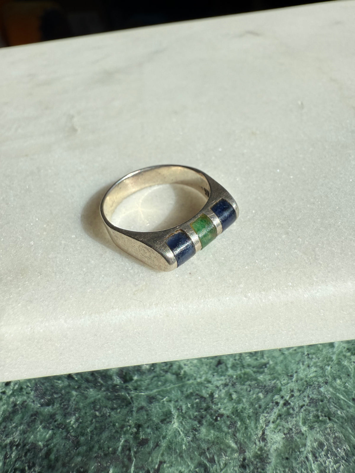 Lapis & Green Stone Inlay Sterling Silver Ring Size 7.25
