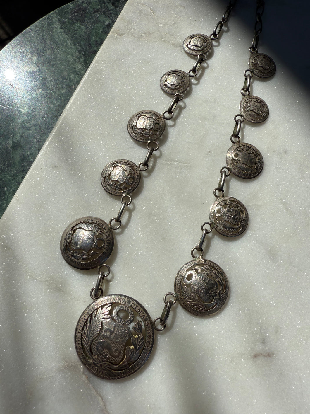 Sterling Silver 1864-1913 Peruvian Coin Necklace 17”