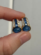 Load image into Gallery viewer, Solid 18k Gold Diamond &amp; Blue Sapphire Omega Back Earrings
