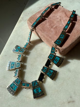 Load image into Gallery viewer, Vintage Modernist Era Mexican Crushed Turquoise Inlay Solid Sterling Silver Collar Necklace
