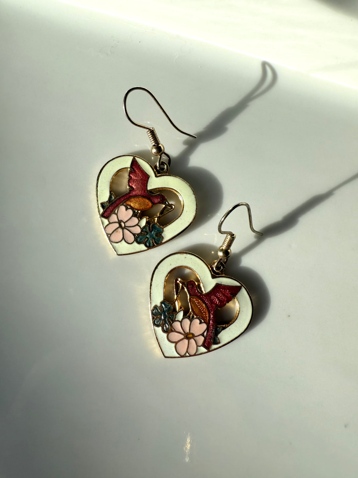 Floral Bird Cloisonné Enamel Gold Plated Heart Earrings