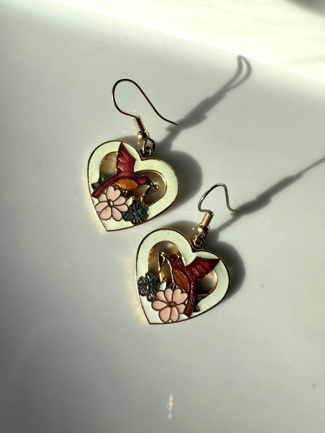 Floral Bird Cloisonné Enamel Gold Plated Heart Earrings
