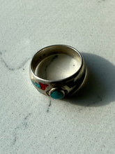 Load image into Gallery viewer, Crushed Turquoise &amp; Coral Inlay Sterling Ring 8.25
