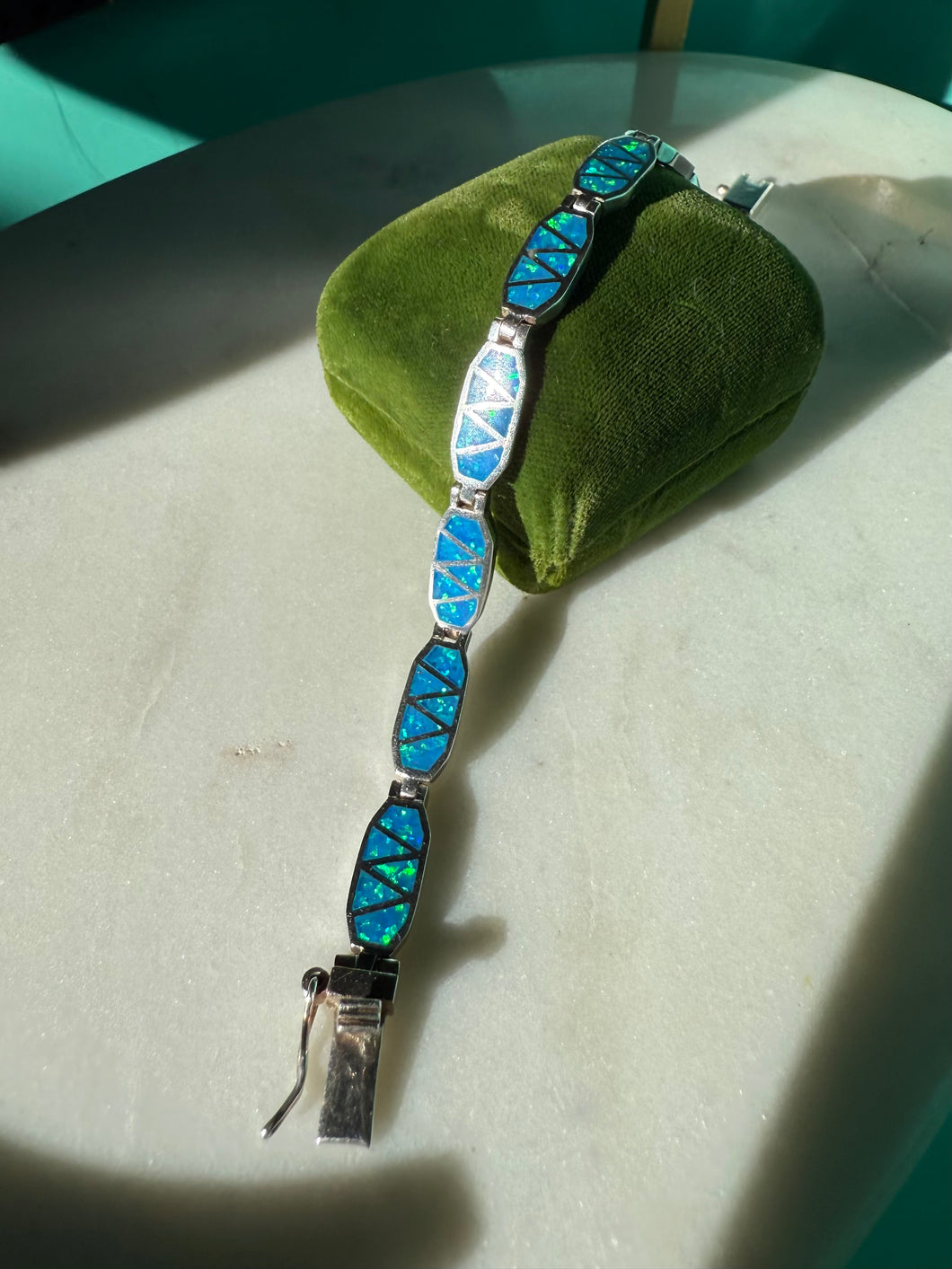 Simulated Opal Inlay Sterling Silver Bracelet 7.25”