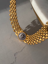 Load image into Gallery viewer, Vintage Gold Plated Faux Coin Panther Link Necklace 16”
