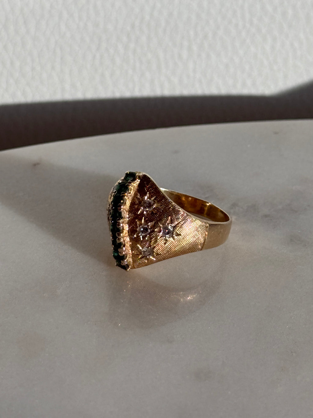 Vintage 1960s Starburst Set Diamond & Emerald 14k Gold Ring