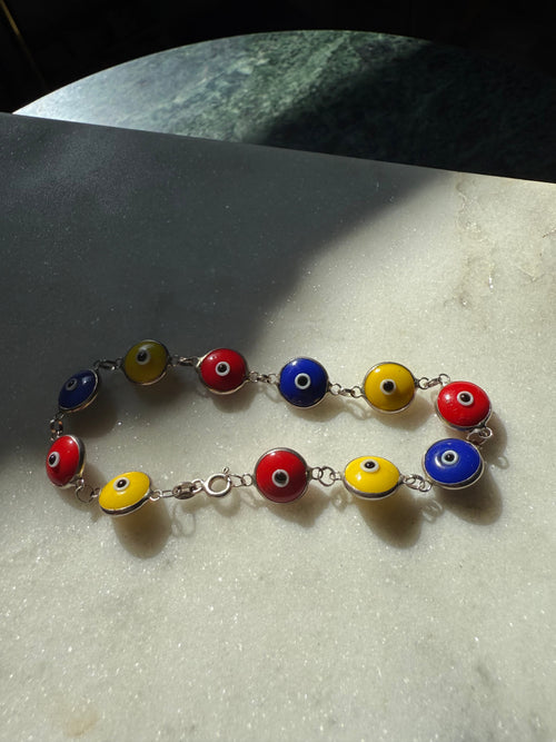 Blue Red Yellow Evil Eye Sterling Silver Bracelet 7.5”