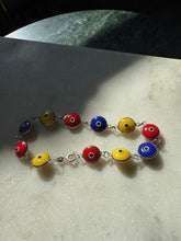 Load image into Gallery viewer, Blue Red Yellow Evil Eye Sterling Silver Bracelet 7.5”
