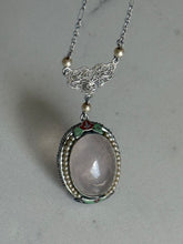 Load image into Gallery viewer, Vintage 1930s Rose Quartz Seed Pearl Enamel 10k White Gold Filigree Necklace 16”
