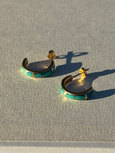 Load image into Gallery viewer, Vintage 14k Solid Gold Turquoise Inlay Hoops
