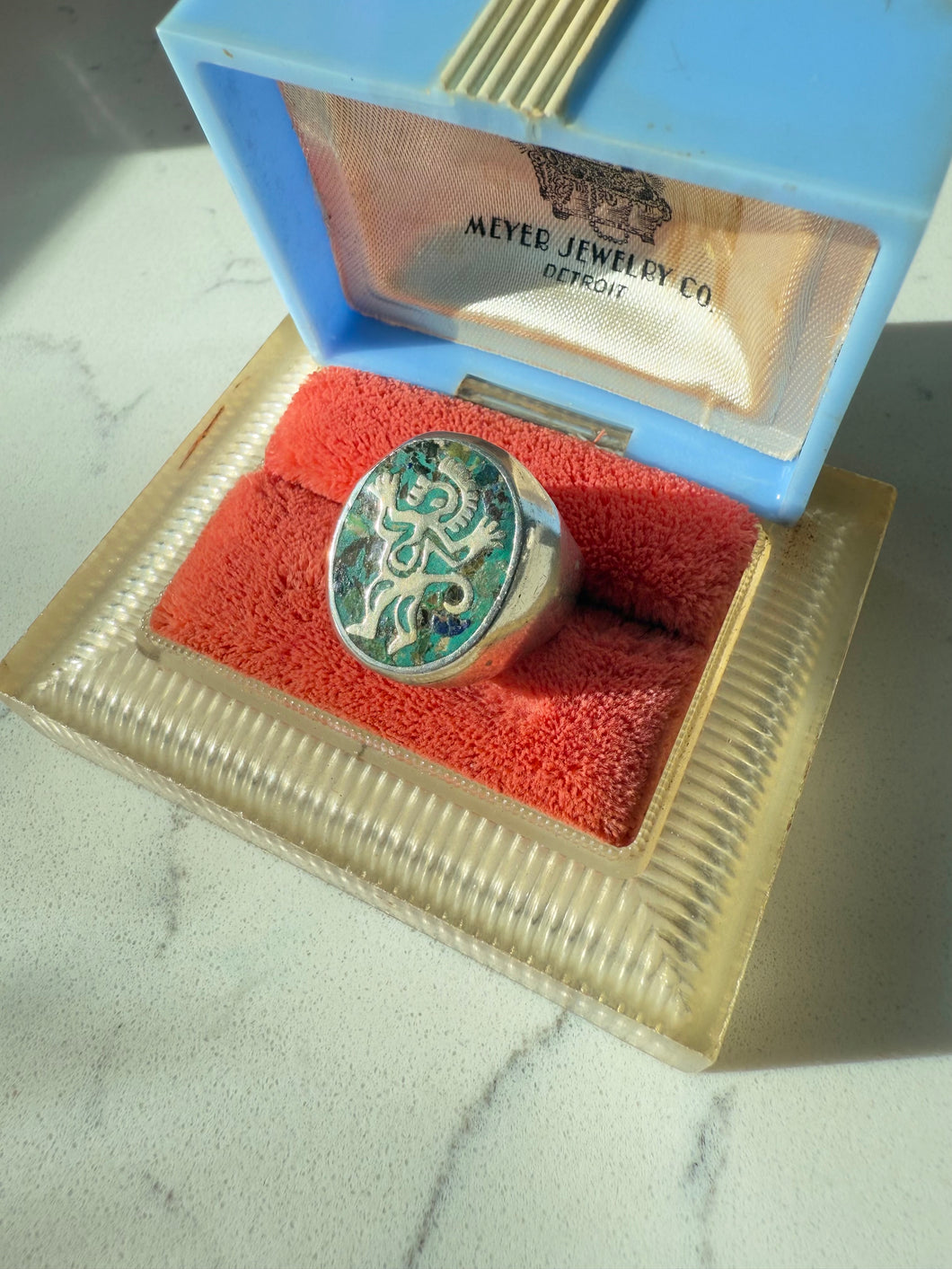 Midcentury Mexican Crushed Turquoise Sterling Silver Signet Ring Size 8