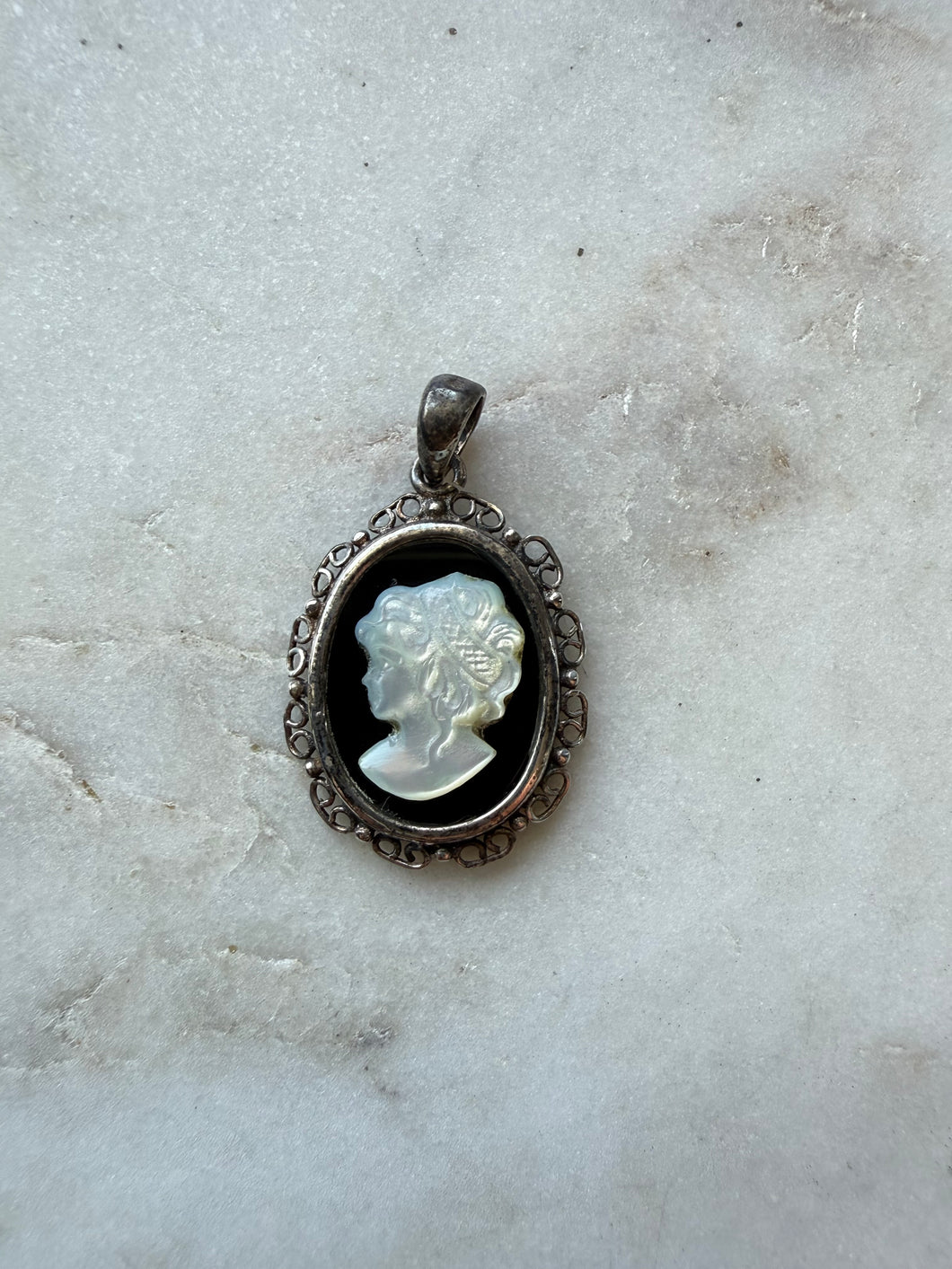 Black Onyx & Mother of Pearl Sterling Silver Cameo Pendant