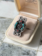 Load image into Gallery viewer, Taxco Sterling Silver Turquoise Amethyst Coral Ring Size 10.75

