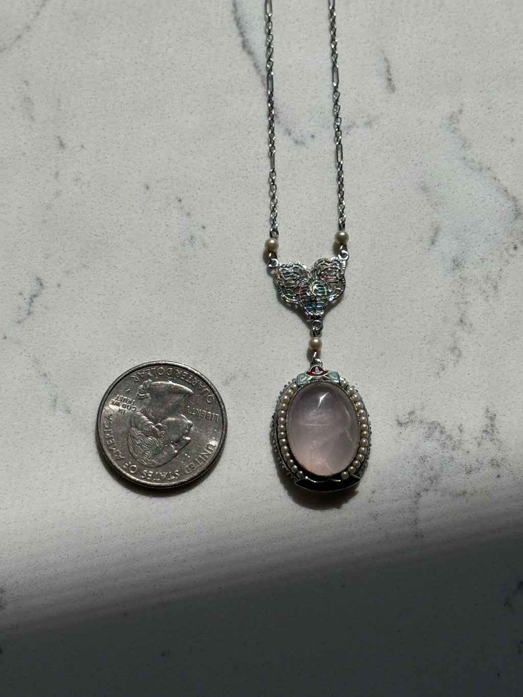 Vintage 1930s Rose Quartz Seed Pearl Enamel 10k White Gold Filigree Necklace 16”