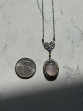 Load image into Gallery viewer, Vintage 1930s Rose Quartz Seed Pearl Enamel 10k White Gold Filigree Necklace 16”
