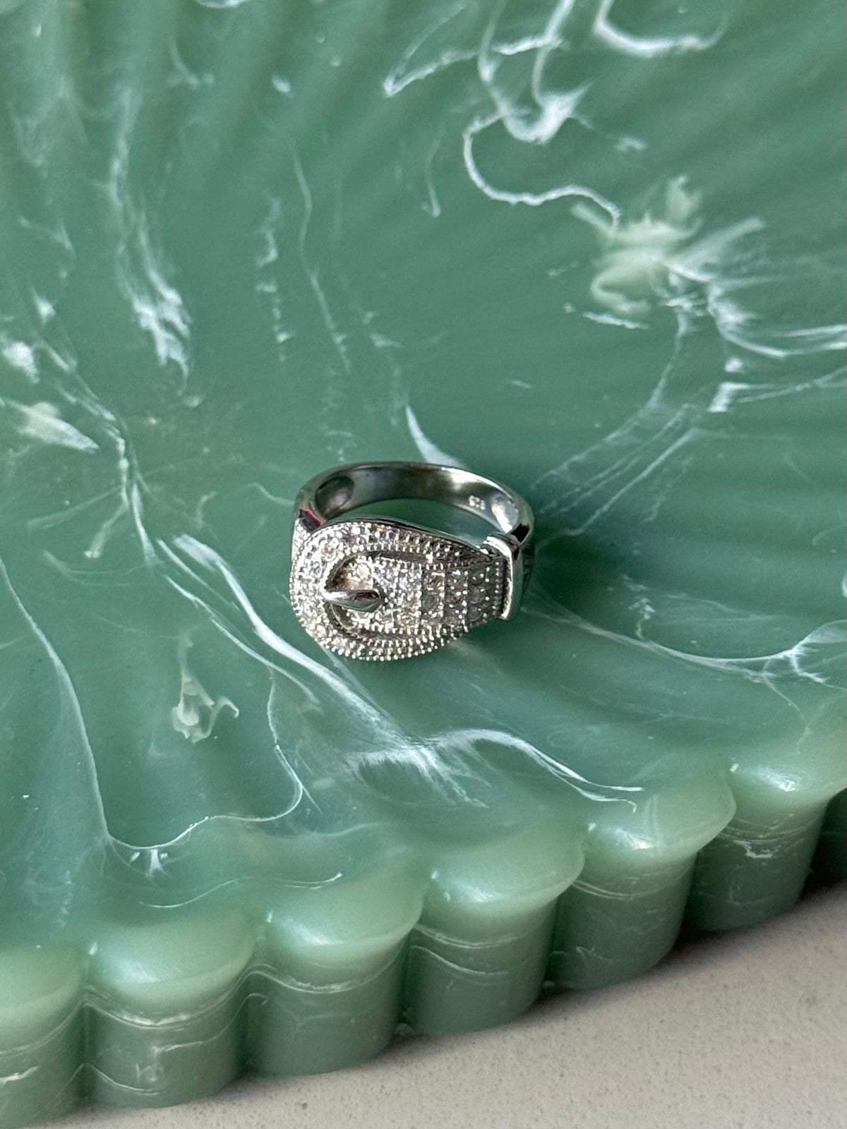 Iced Sterling Silver Buckle Ring Size 5