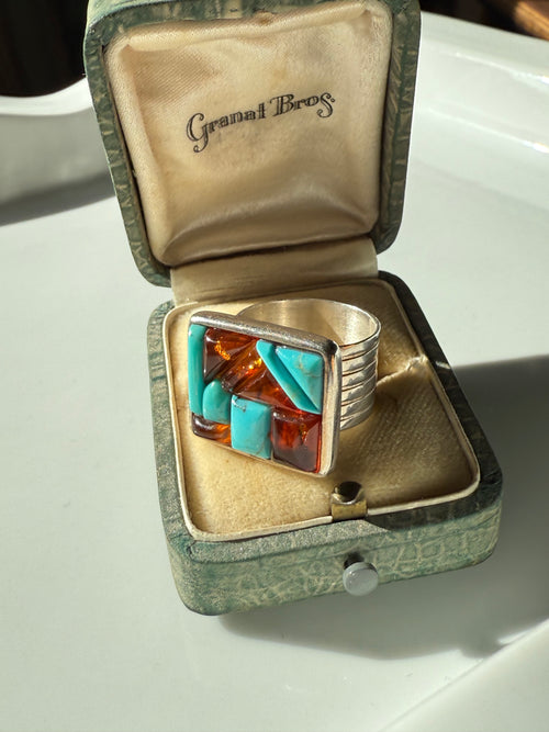 Amber & Turquoise Sterling Silver Ring Size 6.75