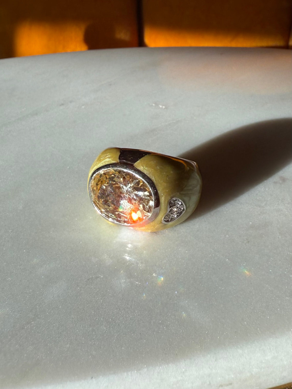 Pastel Yellow Enamel Sterling Silver Ring Size 8.5