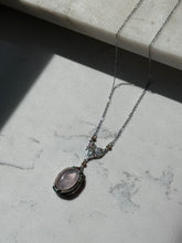 Load image into Gallery viewer, Vintage 1930s Rose Quartz Seed Pearl Enamel 10k White Gold Filigree Necklace 16”
