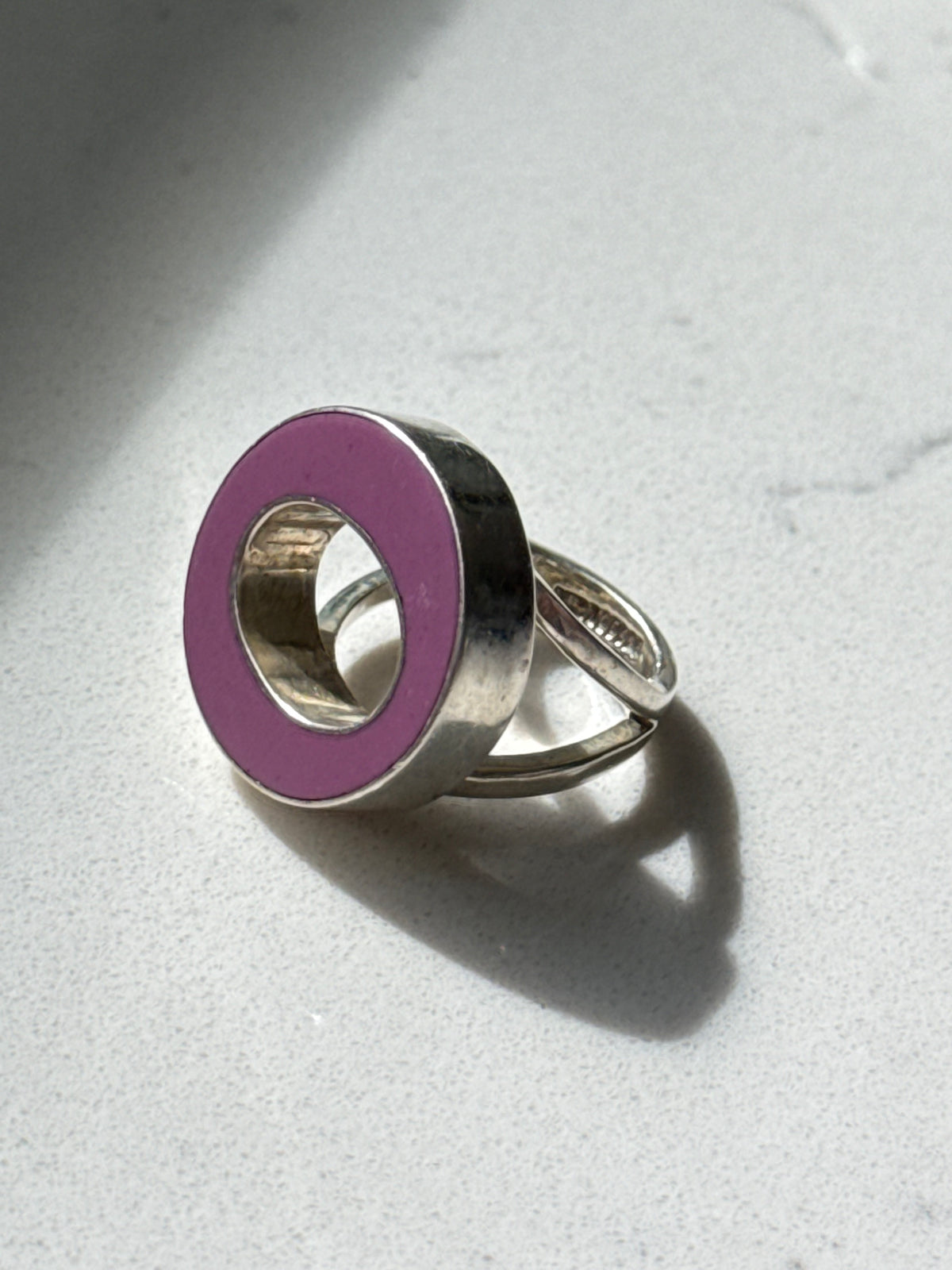 Mexico Pink Enamel Sterling Silver Modernist Ring Size 5.25