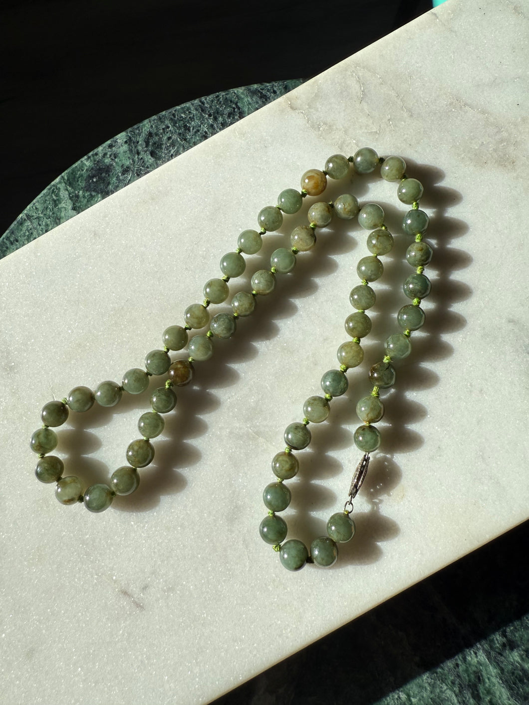 Vintage Sterling Silver Jade Bead Necklace 21”