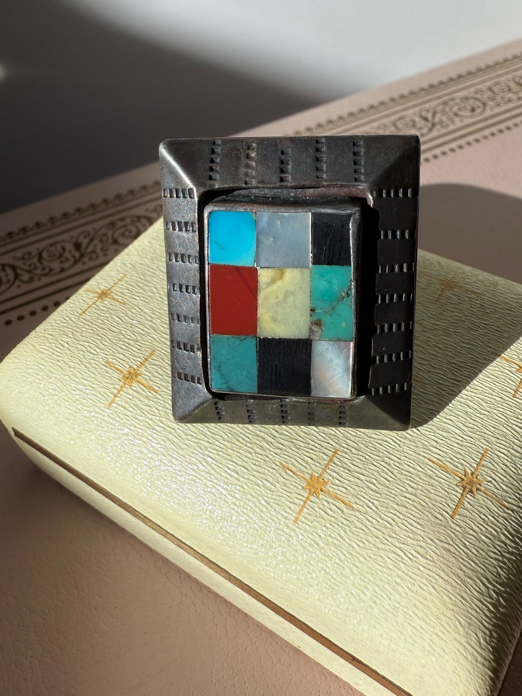 Mosaic Inlay Sterling Silver Chunky Ring Size 11.5