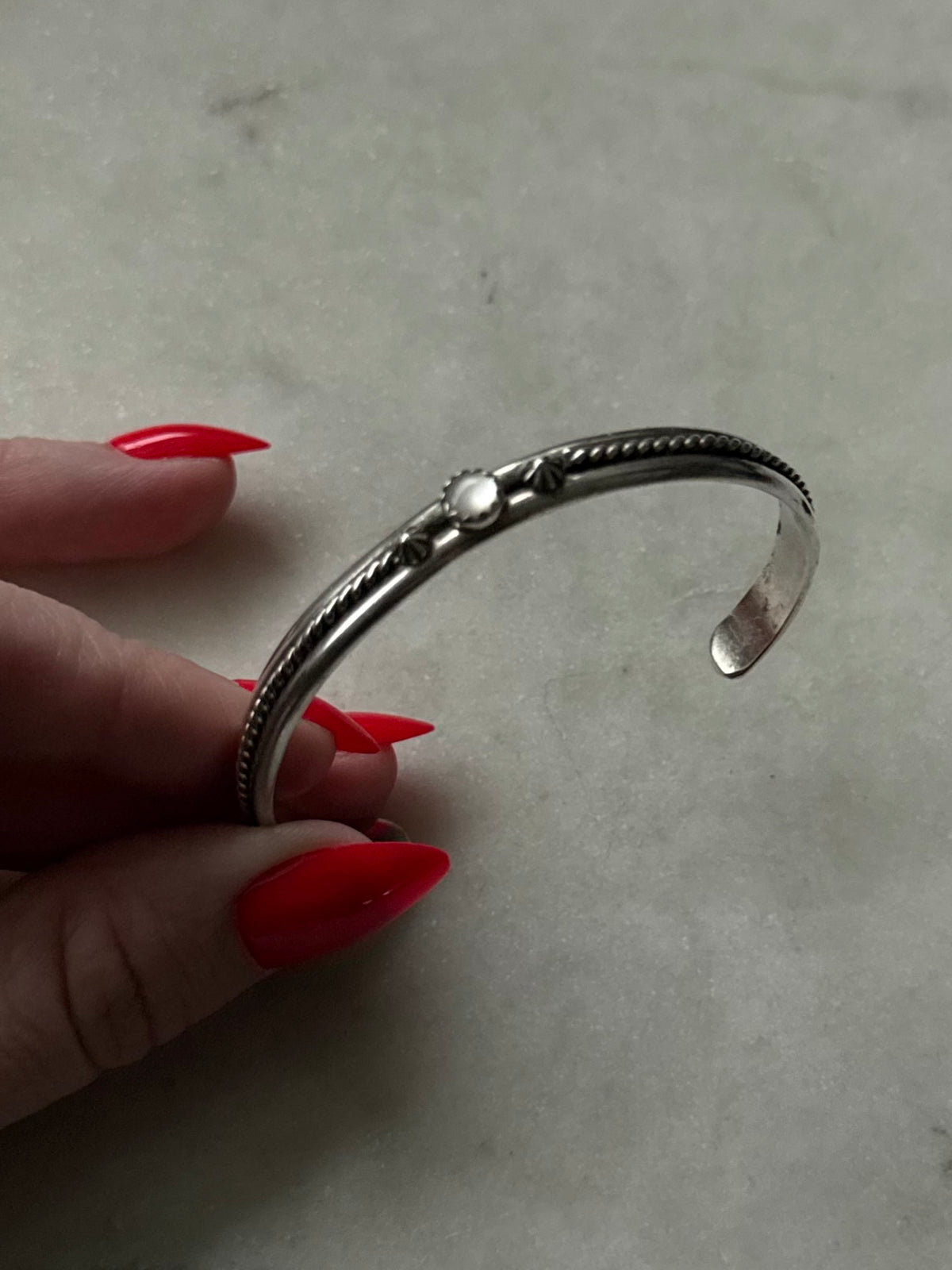 Vintage Artist Signed Mother of Pearl Sterling Cuff Bracelet