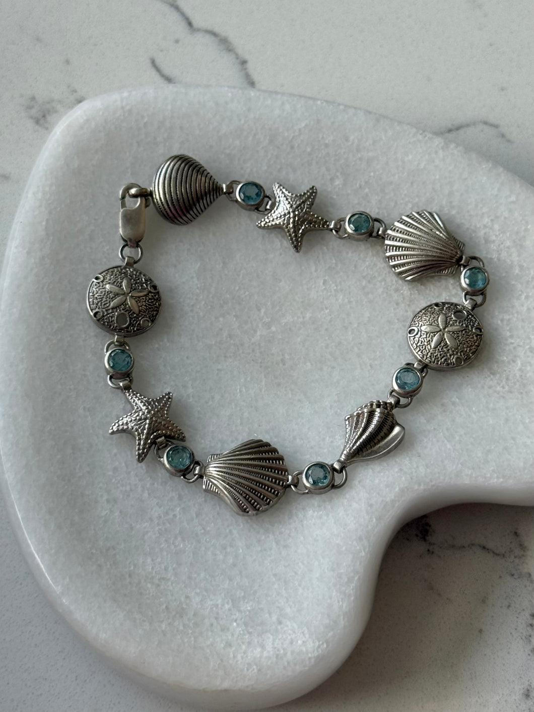 Blue Topaz Seashell Sterling Bracelet 7.25”