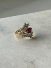 Load image into Gallery viewer, 14k Gold Baguette &amp; Round Diamond Synthetic Ruby Ring Size 7
