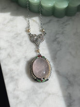Load image into Gallery viewer, Vintage 1930s Rose Quartz Seed Pearl Enamel 10k White Gold Filigree Necklace 16”
