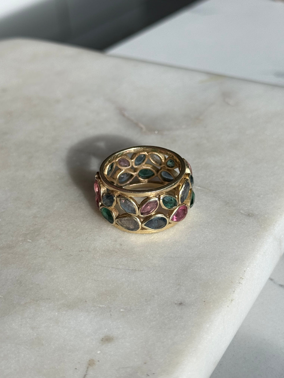 Multi-Gemstone Wide Gold Vermeil Ring Size 10