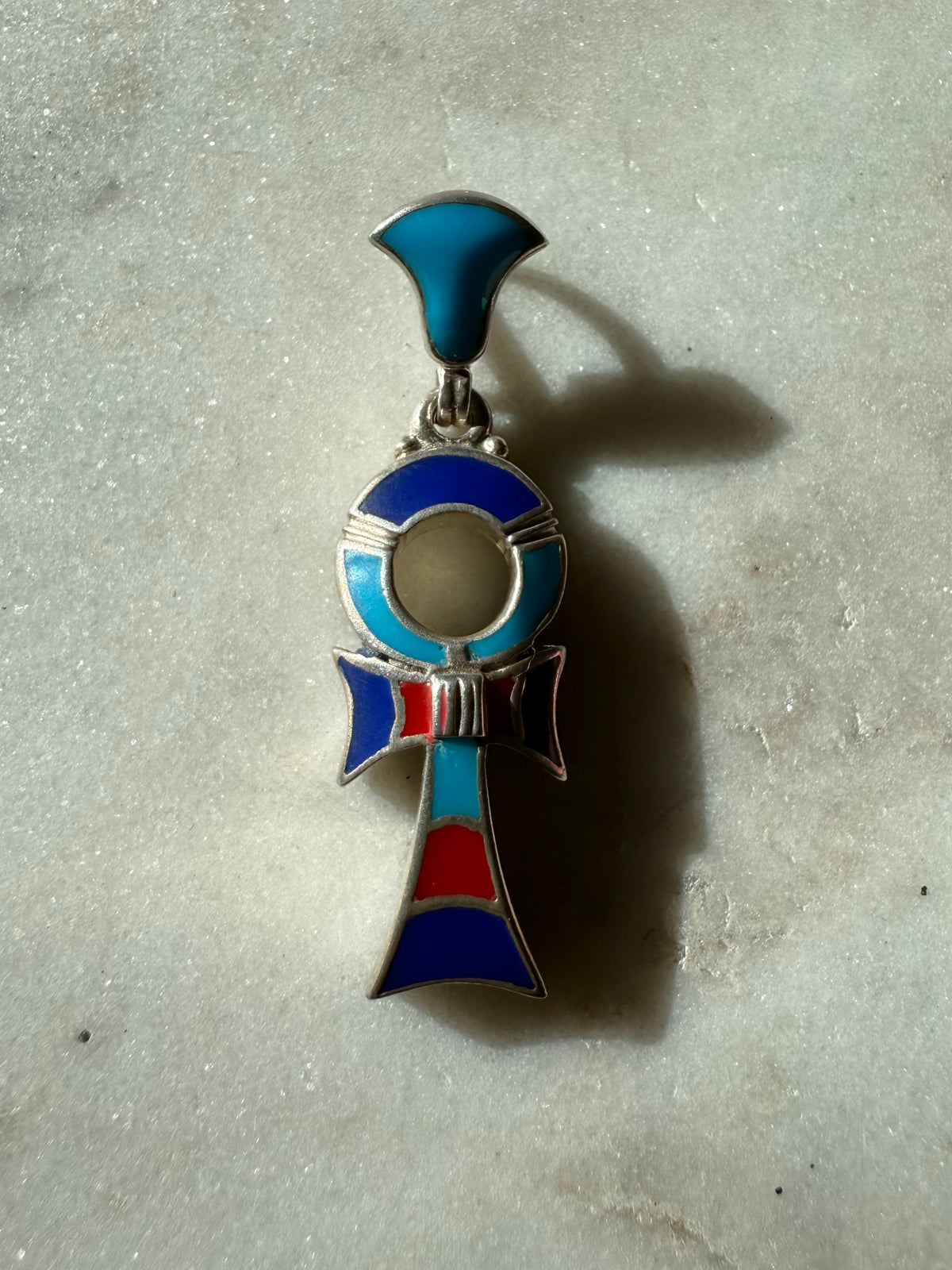 Turquoise Lapis Coral Sterling Silver Egyptian Ankh Pendant