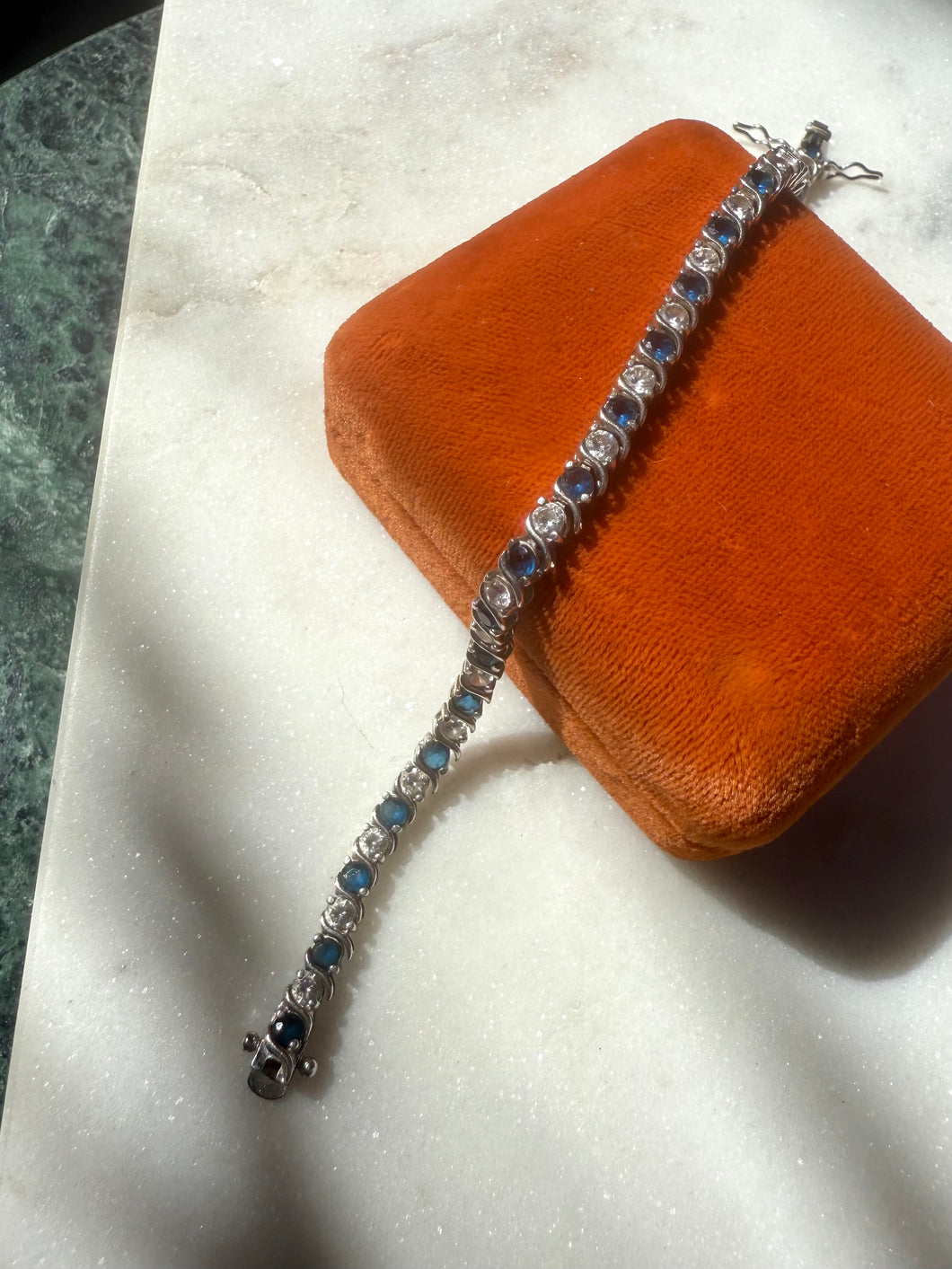 Blue Spinel & CZ Sterling Silver Tennis Bracelet 7.25”