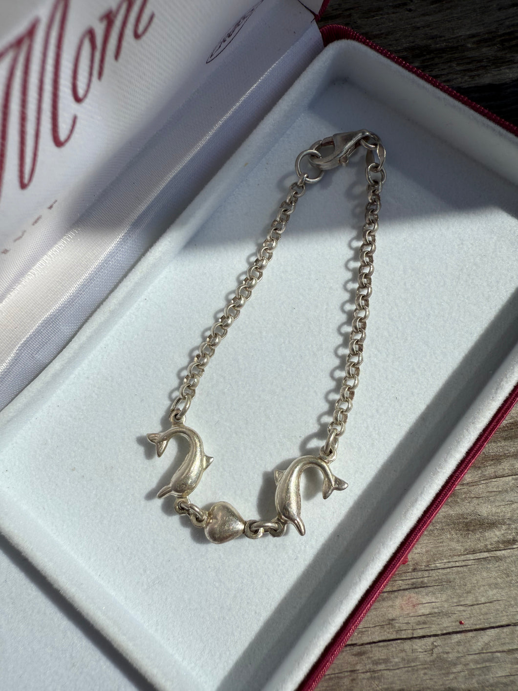 Dolphin Heart Rolo Link Sterling Silver Bracelet 7”